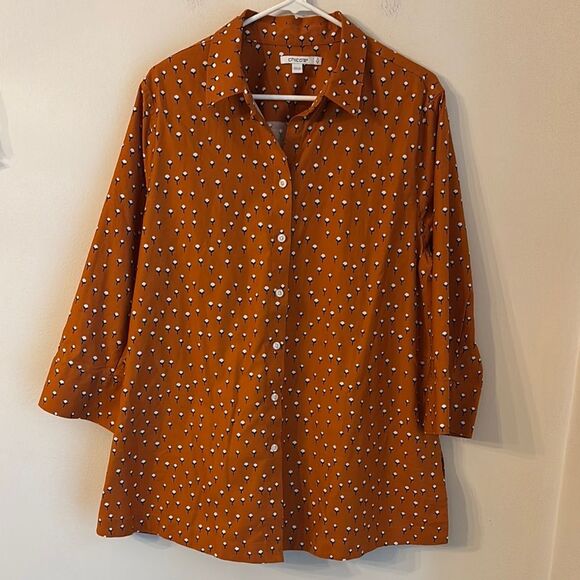 Chico's Tops Orange Burnt Cotton Flower Button Down Shirt women blouse size 16! - Picture 2 of 11
